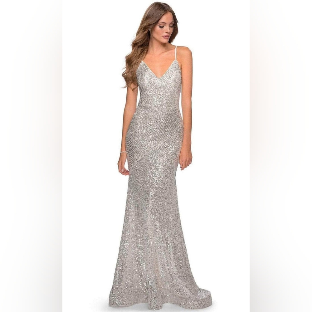 La Femme Silver Sequins Tan Maxi Mini Train Open Back Size Small